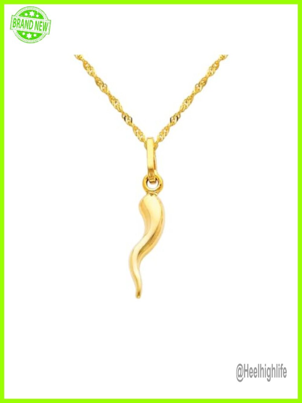 14k REAL Yellow Gold Cornicello Italian Horn Pendant Singapore Chain Necklace